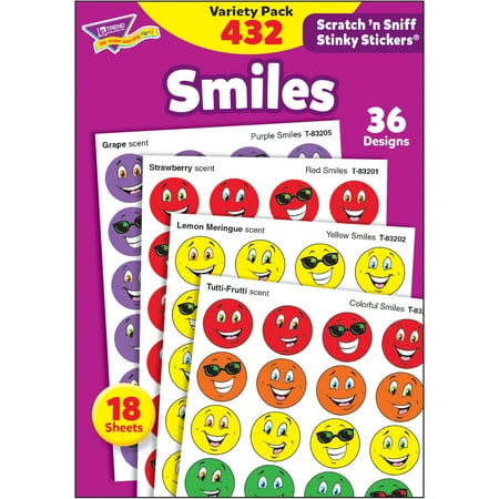 UPC: 0078628839036 | Trend Smiles Stinky Stickers Variety Pack – 432 Smilies – Red Yellow Purple Orange Green Blue (t83903)