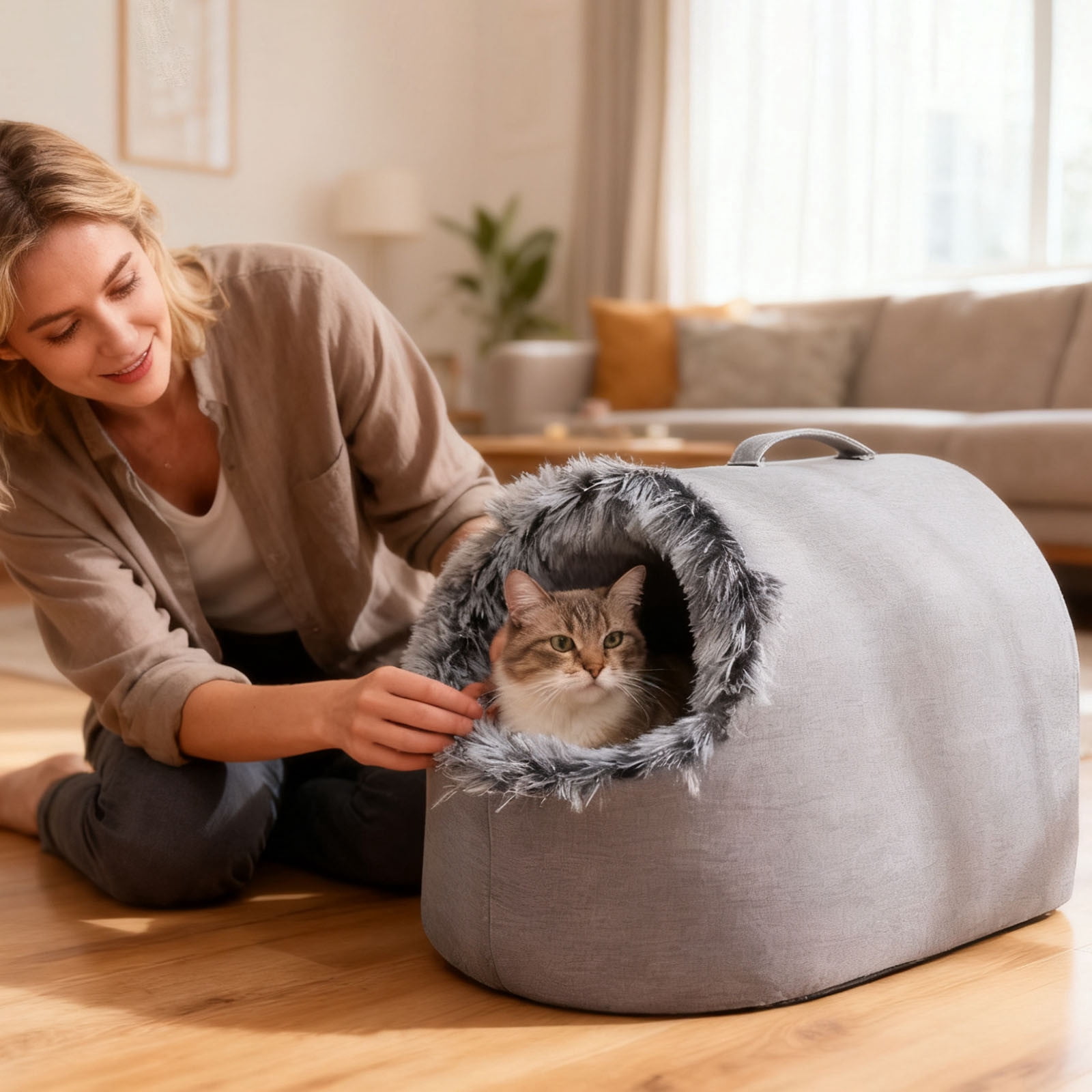 Portable Warm Cat Cave Bed, Soft Plush Hooded Pet Calming Nest - Washable Removable Cushion for Indoor Cats, Small Dogs, Winter Sleeping (9.84x11. Inches)