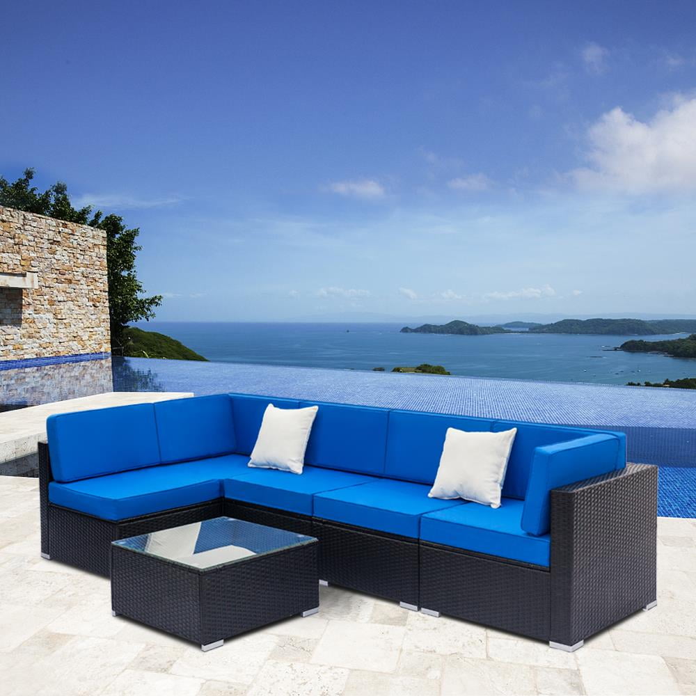 Ktaxon 7pc Outdoor Patio Sectional Sofa Set, Rattan Wicker Furniture All-Weather - Black & Blue