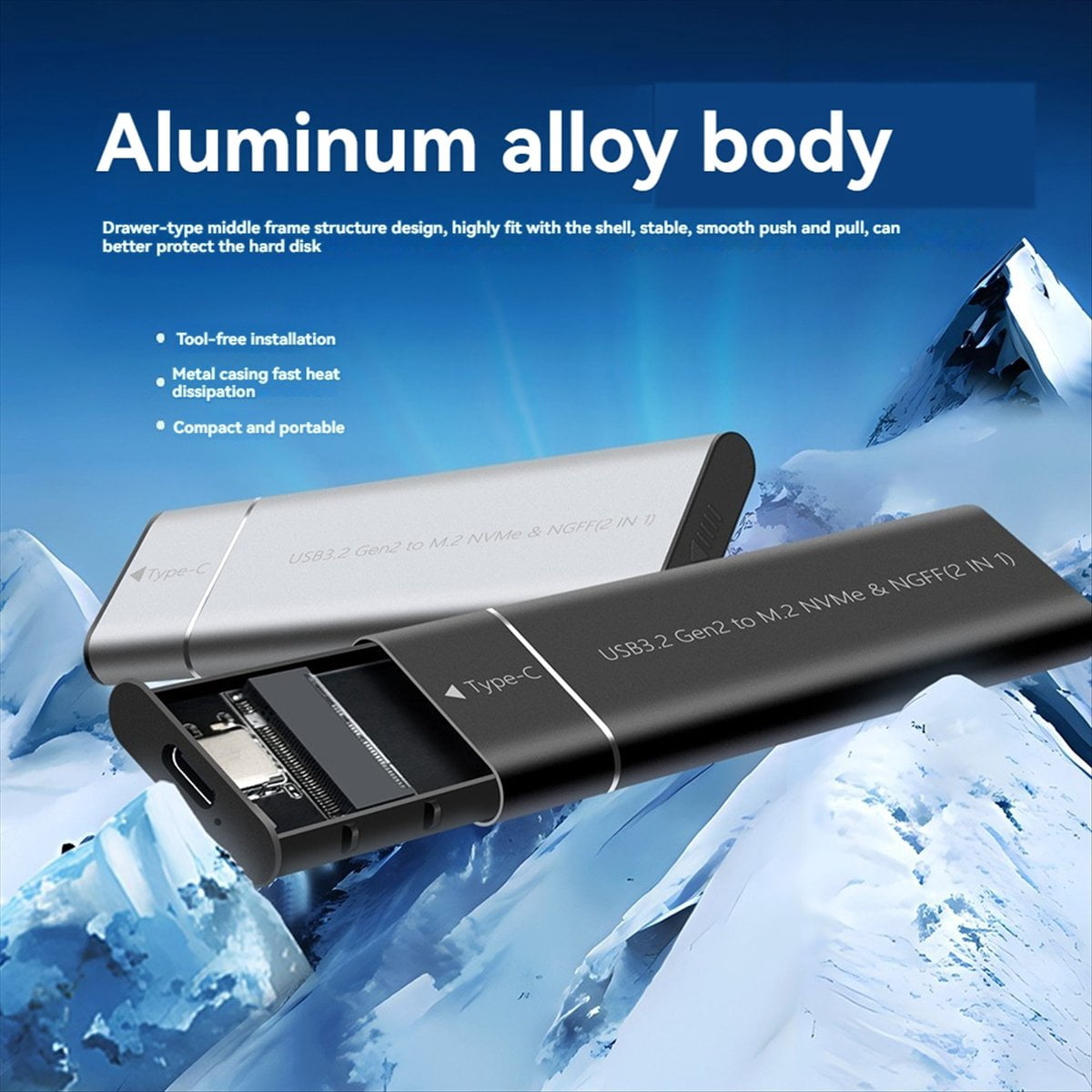 M.2 NVMe SATA SSD Enclosure Adapter Tool-Free USB 3.2 Gen2 20Gbps External NVMe to USB SATA M-Key / B+M Key Black