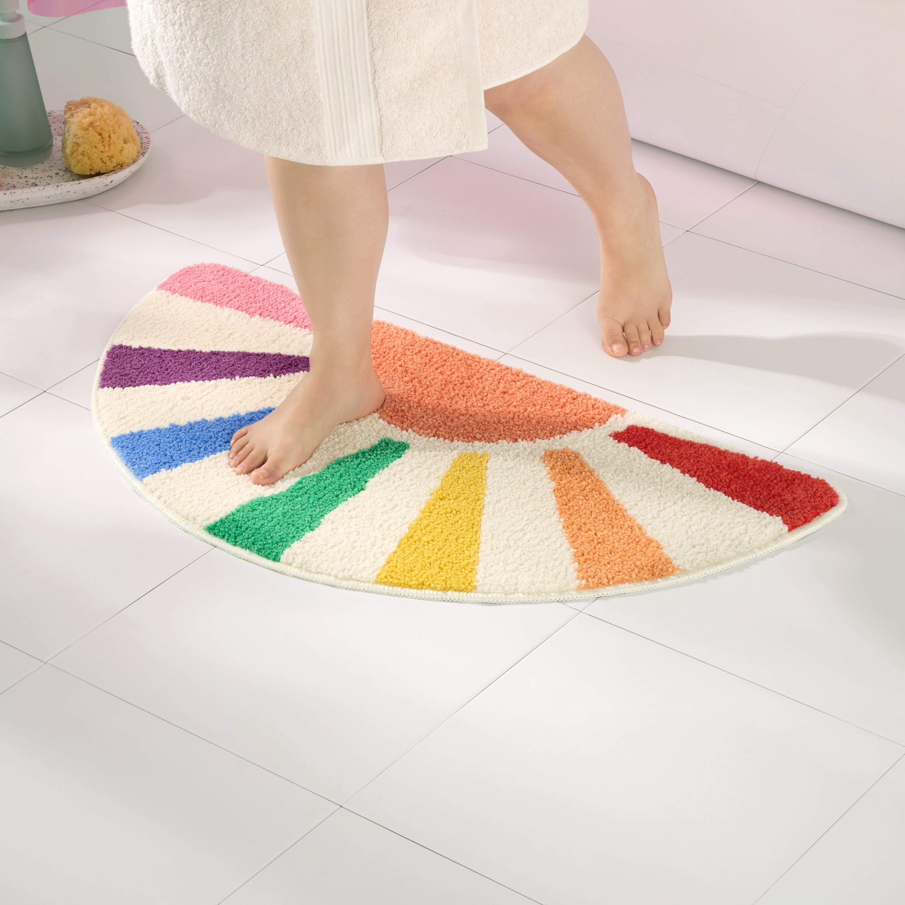 TOWN & COUNTRY PLAY Hello Sunshine Rainbow Sun Half Circle Shaped Bath Mat, Absorbent Tufted Floor Mat, Non-Slip Backing, Machine Washable, Multicolor, 32.7"x16.5"