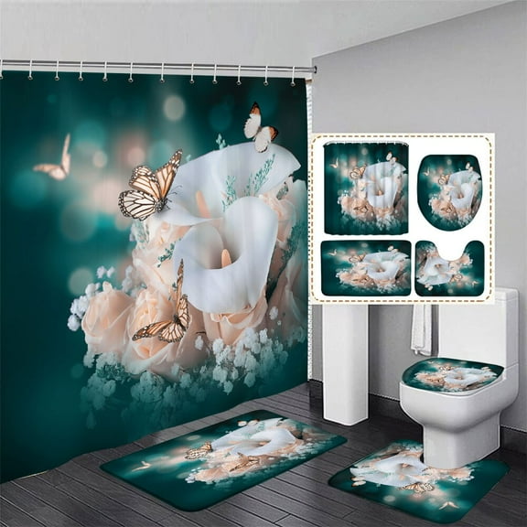 Pink Floral Shower Curtain Sets With Rugs Flower Shower Curtain Set Toilet Seat Cover Non-Slip Carpet Bathroom Decor Accessories