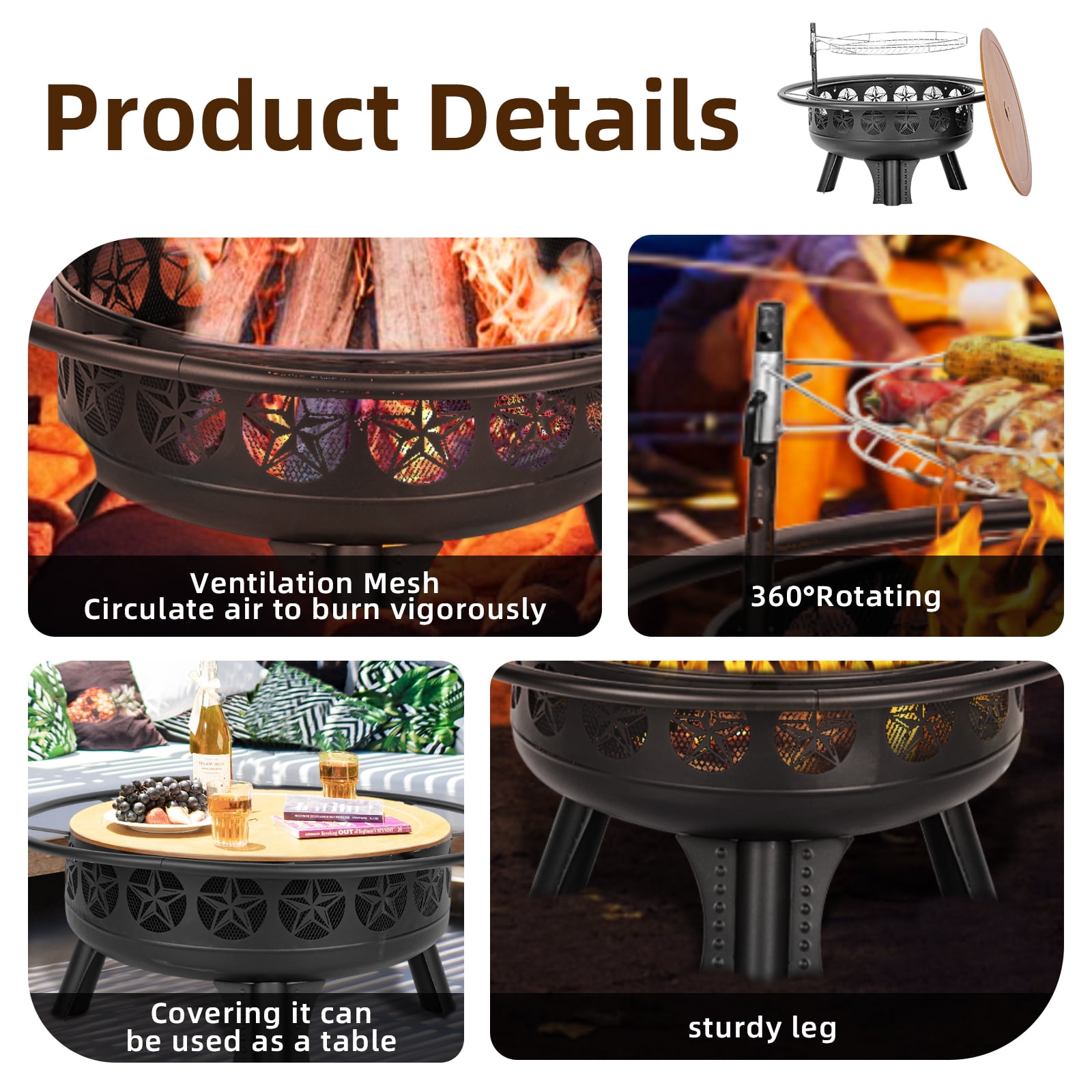 MistMo 38-Inch Wood Burning Fire Pit with Grill & Lid