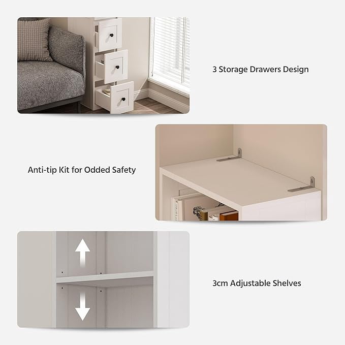 LAUSAINT HOME Tall Narrow Bathroom Storage Cabinet with Anti-Tip Kit, 3-Drawer Storage Organizer with 2 Adjustable Shelves for Laundry Room, Small Space (White)