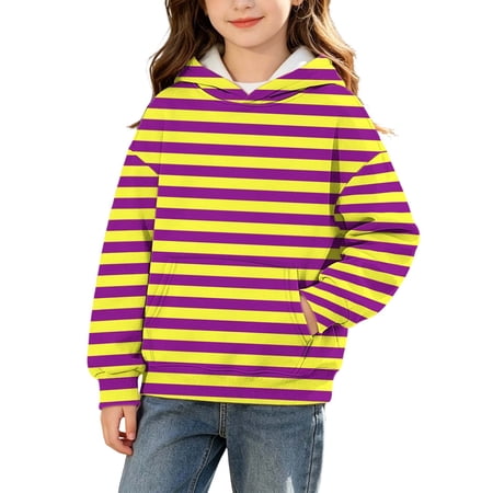 Girls Striped Pockets Hoodies Size 3-14 Years Fall Warm Loose Fit Sweatshirt Pullover Hooded Sweatshirt Fall Winter Yellow-A 7 Years