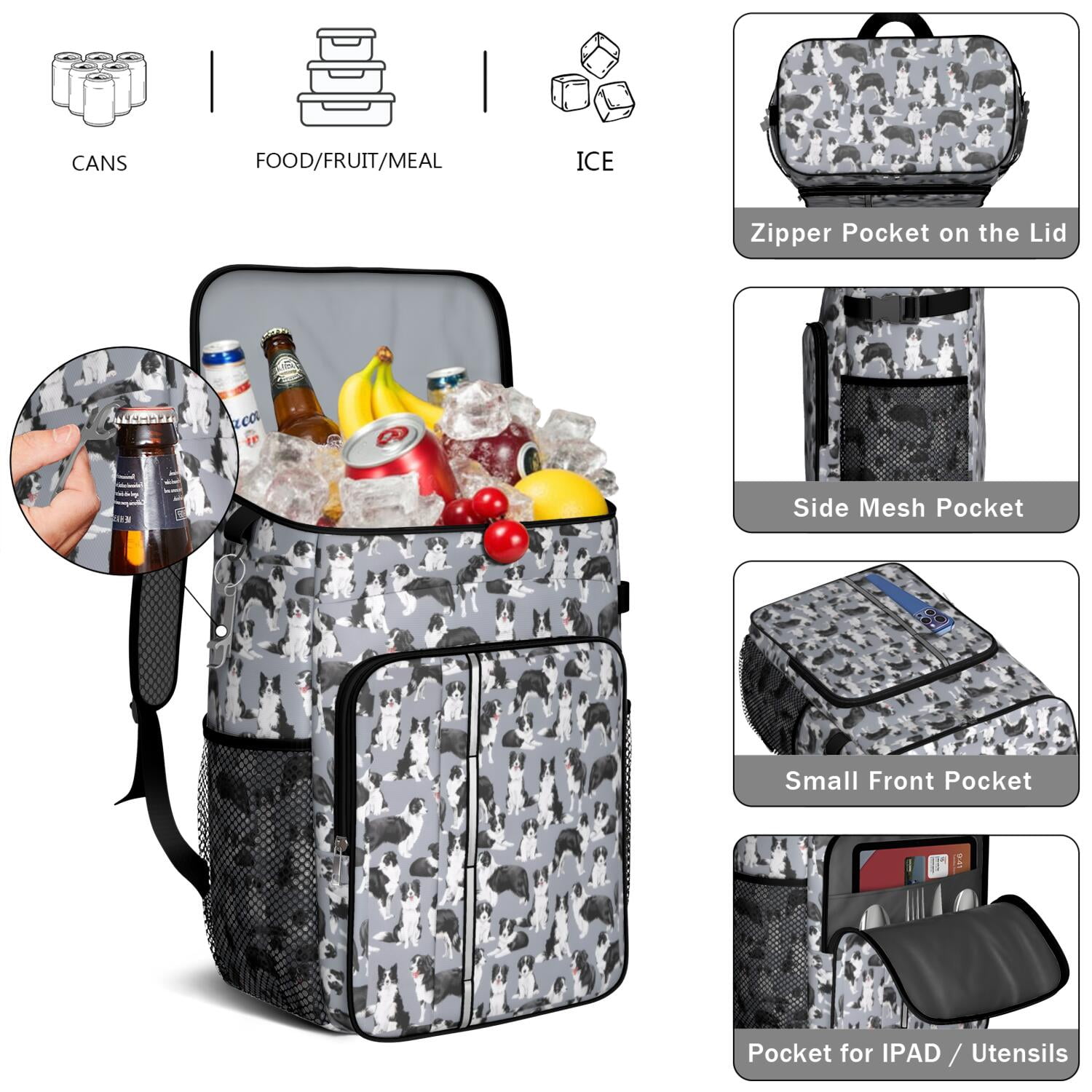 Travel Cooler Bag - Cute Border Collie Pattern Camping Beer Cooler Backpack with Bottle Opener- Waterproof Insulated Picnic Backpacks - Cooler Bag for Beach