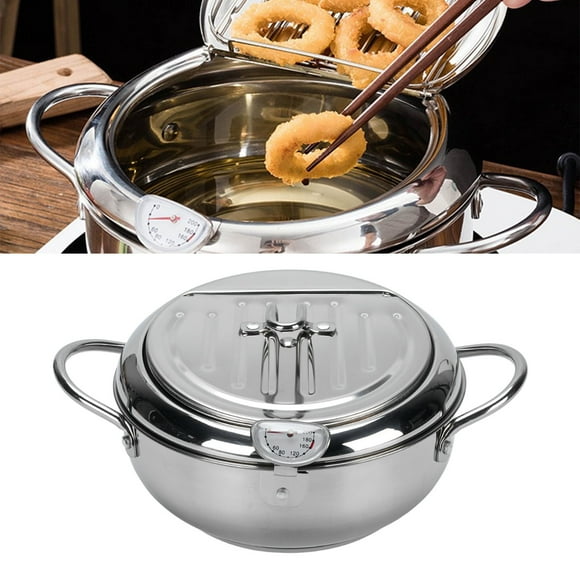 Fish Fryer Pot, 304 Stainless Steel Deep Fryer Pot Temperature Control Multifunctional Oil Saving Thickened with Lid, with Oil Drip Drainer Rack for Kitchen, for Frying Chicken