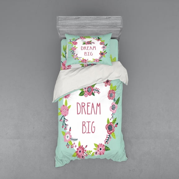 Saying Duvet Cover Set, Simple Dream Big Text in Floral Wreath, Bedding Set with Shams and Fitted Sheet, 3 Sizes, by Ambesonne