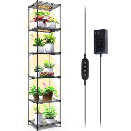 Barrina Plant Stand with Grow Lights, 6-Tier Plant Shelf with 5-Pack 50W Full Spectrum Ultra-Thin Grow Light Panel, 3 Modes, Auto Timer, Ladder Flower Pot Stand Display Rack 15.7"L x 11.8"W x 70.9"H