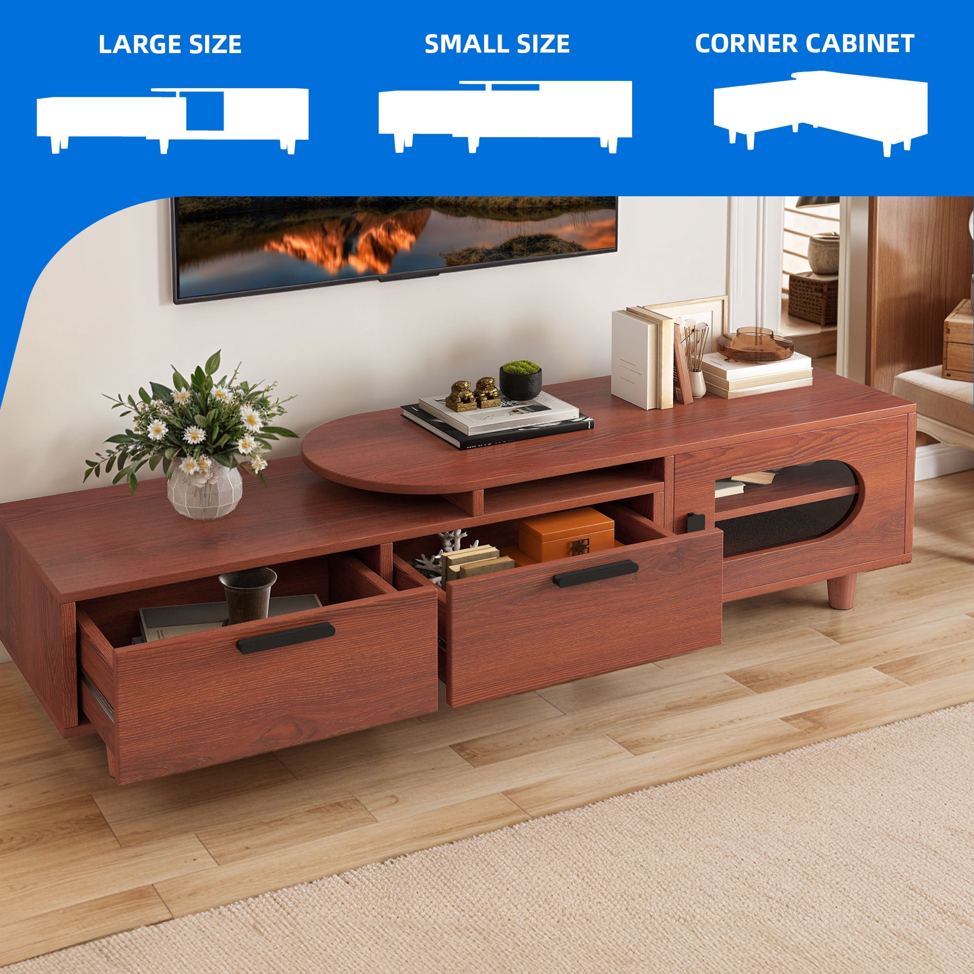 Dextrus Extendable TV Stand with 2 Drawers & Cabinet, Adjustable Corner Entertainment Center