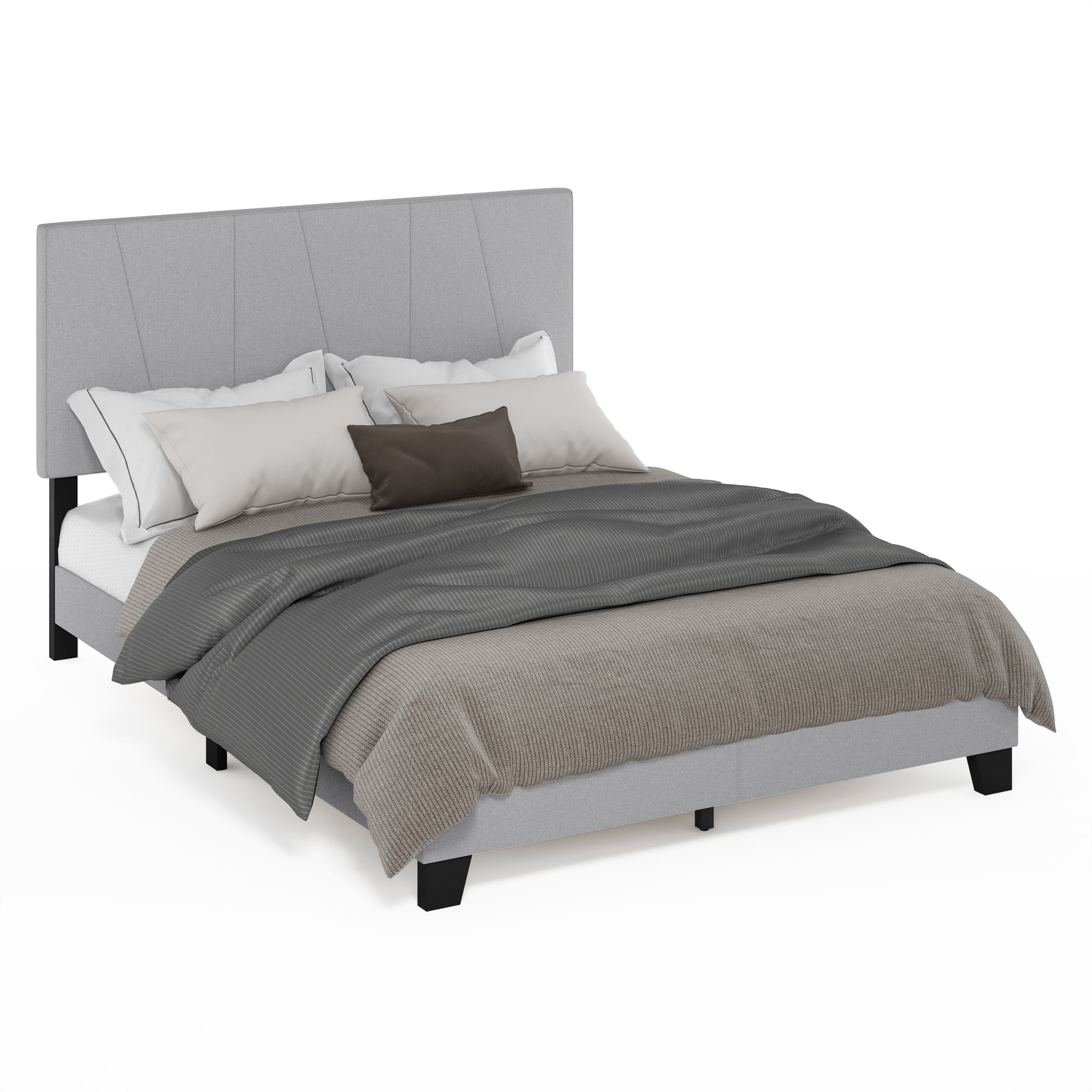 Furinno LUCY Queen Upholstered Bed Frame with Adjustable Geometric Headboard and 12-Piece Wooden Slat Support, No Box Spring Required, Light Grey