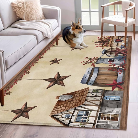 Star Brown Area Rug 3x5 Washable Rug Non Slip Farmhouse American Country Vintage Berry Large Area Rug Indoor Floor Carpet for Entryway Bedroom Kitchen Living Room Home Office Dining Room Nursery