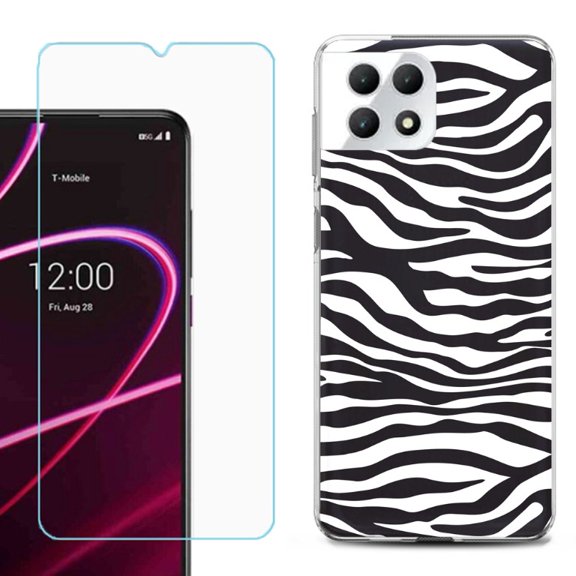 Phone Case for T-Mobile Revvl 7 5G, Shockproof Case Cover with Tempered Glass Screen Protector, by OneToughShield - Zebra B/W