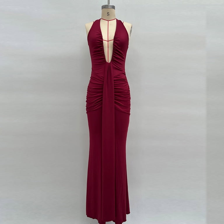 Umfun Women's Plunge Halter Backless Maxi Dress