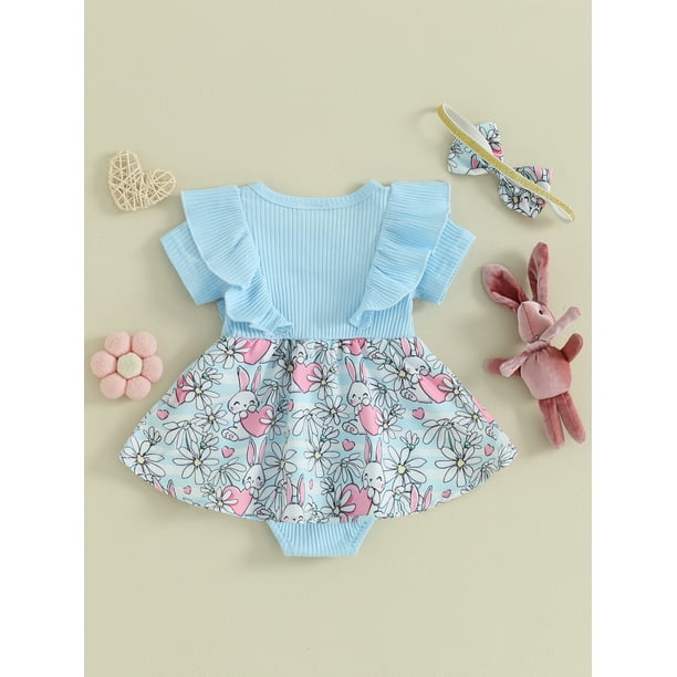 Suealasg Infant Girls Easter Outfit 3 6 9 12 18 Months Baby Girls Long Sleeve Sequin Print Romper Dress Headband Set 0 18M Newborn Girl 2Pcs Summer