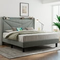 Full Feonase Bed Frame with Luxury Wingback Upholstered Button Tufted Storage Headboard, Full Platform Bed with Charging Station, Sturdy Wooden Slats Support, Noise-Free, Easy Assembly, Light grey