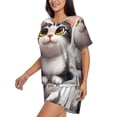 thumbnail image 2 of Kdxio Cute Cartoon Kitten Print Pajamas Sets for Women Short-Sleeved Pjs with Lounge Shorts Two Piece Sleepwear S-4XL, 2 of 5