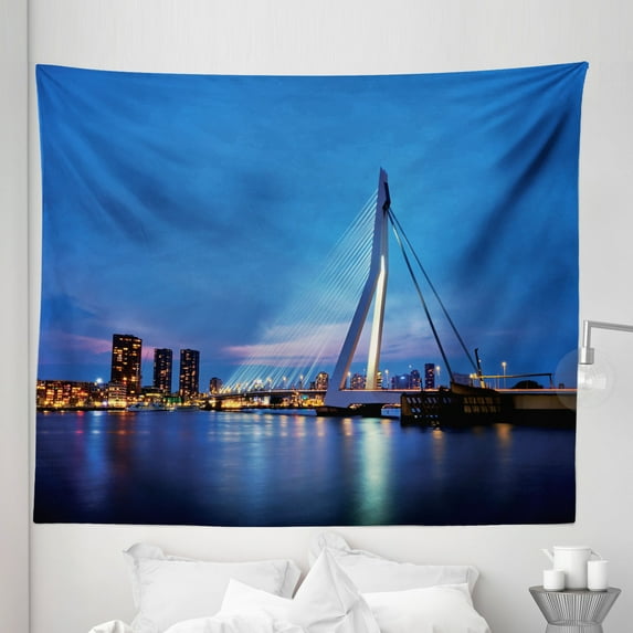 City Tapestry, Erasmus Bridge Netherlands Scenery Night Modern Architecture Evening Sky, Fabric Wall Hanging Decor for Bedroom Living Room Dorm, 5 Sizes, Violet Blue and Marigold, by Ambesonne