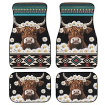 Renewold American Tribal Highland Cow Daisy Teal Auto Floor Mats Set of 4 for Women Men, Universal Car Rugs Full Set with Anti-slip Backing Auto Protection for Car SUV Truck Sedans