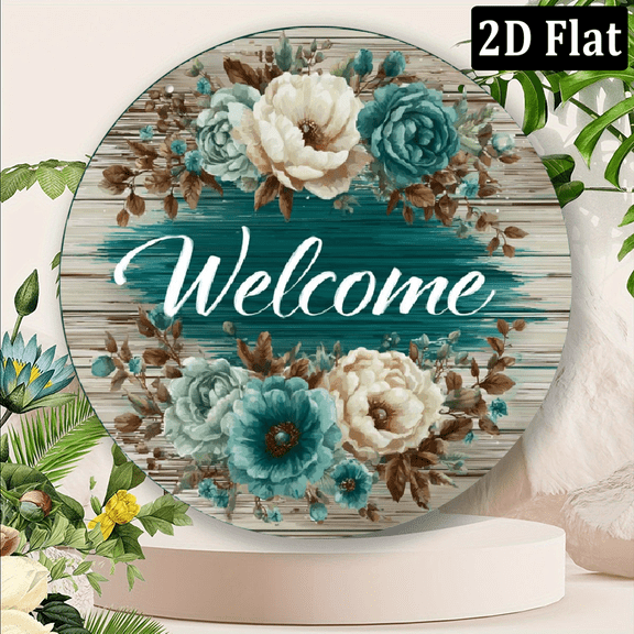 2D Flat, 1pc Aluminum Metal Welcome Sign with Teal Floral Design - Rustic Round Wall Decor for Home Office, No Electricity Needed, Easy Wall-Mounted Hanging Art, Home Wall Decor Charming Decor Piece