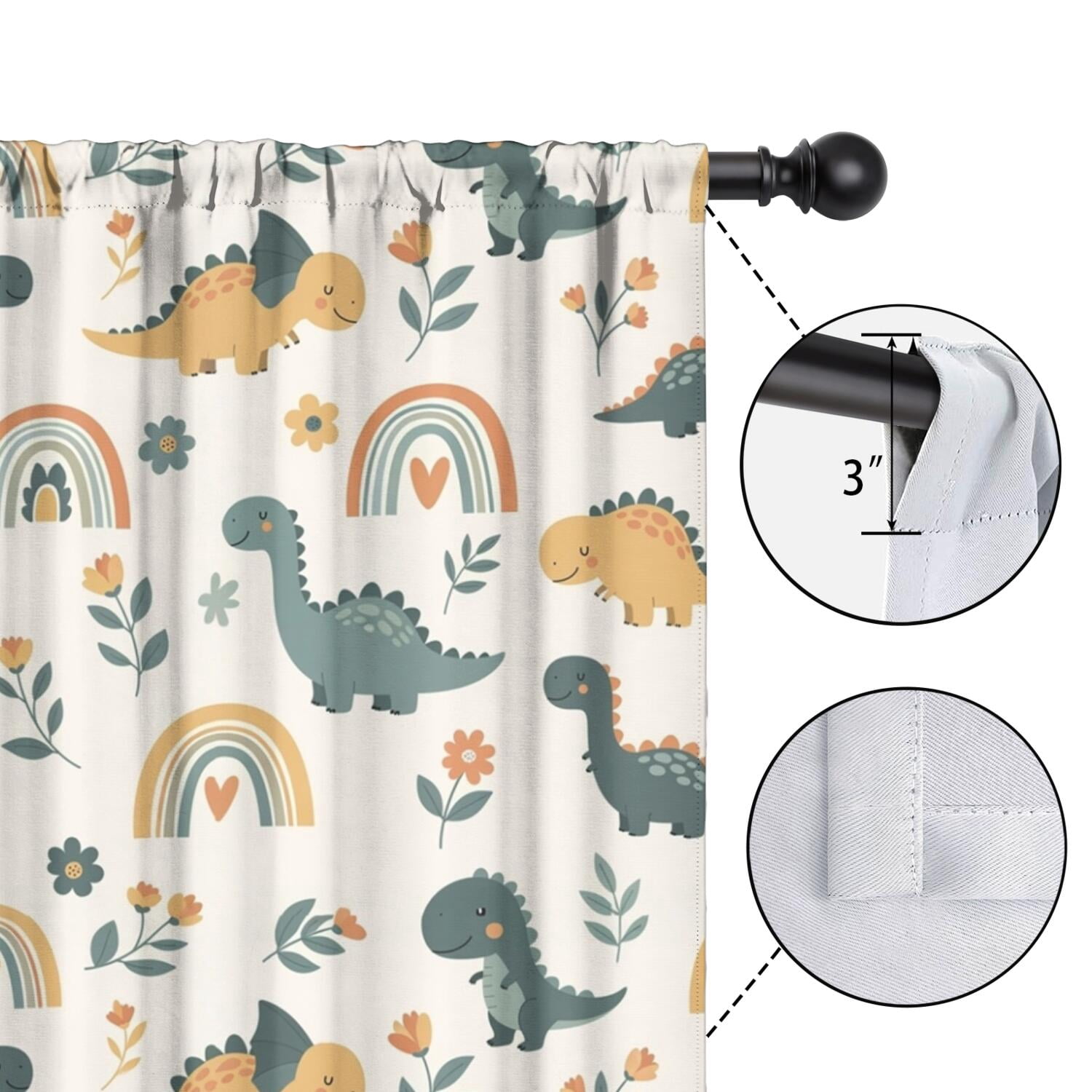 Blackout Kids Curtains,Beige Dinosaurs Rainbows Flowers Pattern Childrens Insulated Curtains Set Of 2,Bedroom Essentials,Toddler Room Decor 42"x63"
