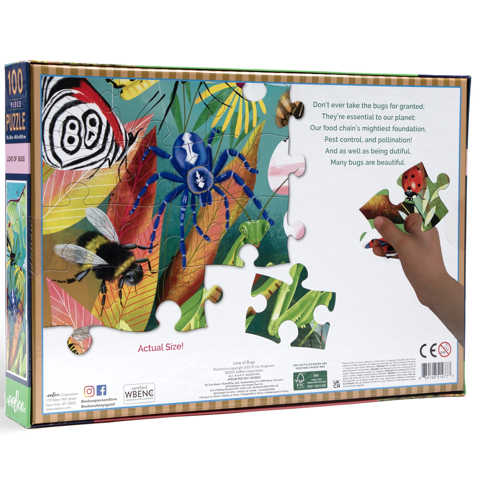 eeBoo: Love Of Bugs - 100 Piece Puzzle - 24 x 16" Kids Jigsaw, Glossy High-Quality Pieces, Children Ages 5+
