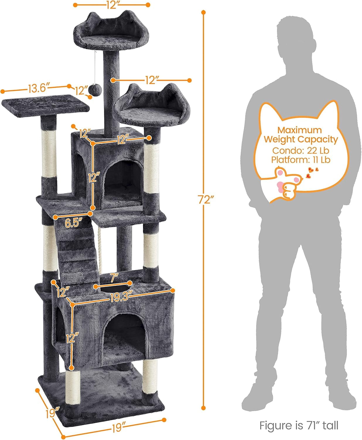 ZYPPP XL Cat Tree, 72in Multi-Level Cat Tower with 2 Cozy Caves, 3 Soft Perches, Scratching Posts, Board, and Dangling Ball, Pet Furniture Play House for Kittens/Cats, Dark Gray