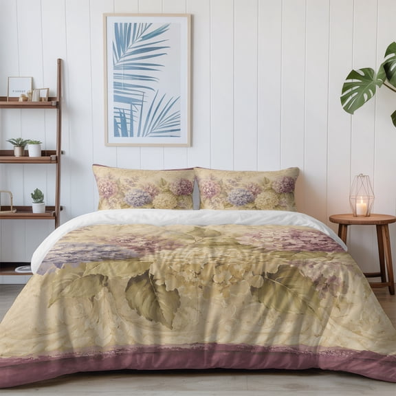 Retro Blue White Hydrangea California King Size Bed Set,Country Floral Art Bedding for All Seasons,4 Pcs Bed Set with 1 Quiltcover (96"x104"),1 Sheet (110"x98"),2 Pillowcases (20"x36")