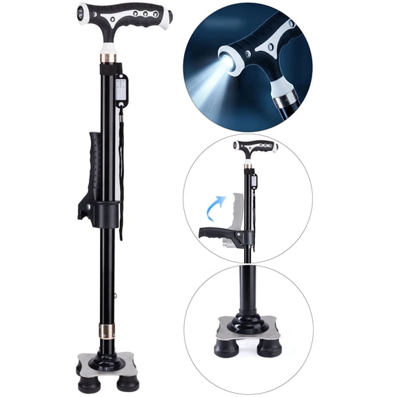 ALLJOY Walking Cane, Canes for Men Women with Led Light, Adjustable Cane for Seniors Stability, Upright Quad Base with 2nd Handle and Carrying Bag