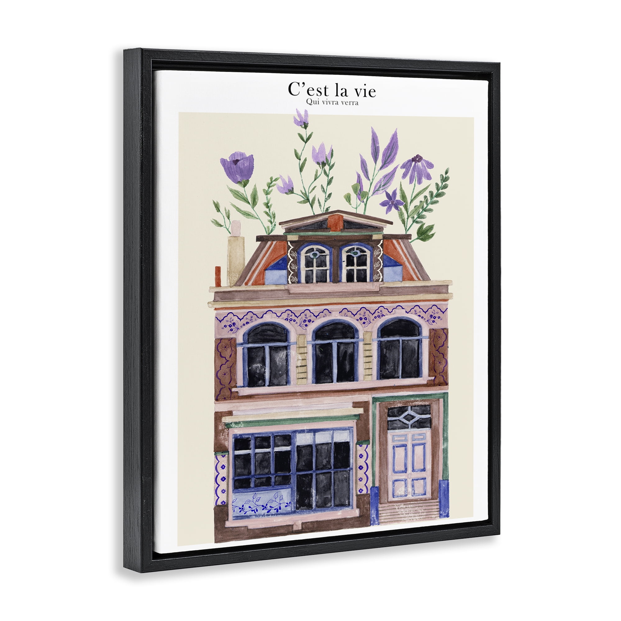 Stupell Industries Town Architecture with Blooms Buildings & Architecture Painting Black Floater Framed Canvas Art Print Wall Art, 17 x 21