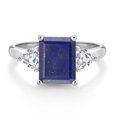 thumbnail image 3 of Gem Stone King 10K White Gold Blue Lapis and White Created Sapphire 3 Stone Engagement Ring for Women (2.64 Cttw, Emerald Cut 9X7MM, Gemstone Birthstone, Size 5.5), 3 of 5