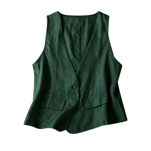 JGGSPWM Womens Button Down Solid Cotton Linen Vest Cardigan Casual Comfy Lightweight Tunic Cardigan V Neck Sleeveless Shirts Green XL
