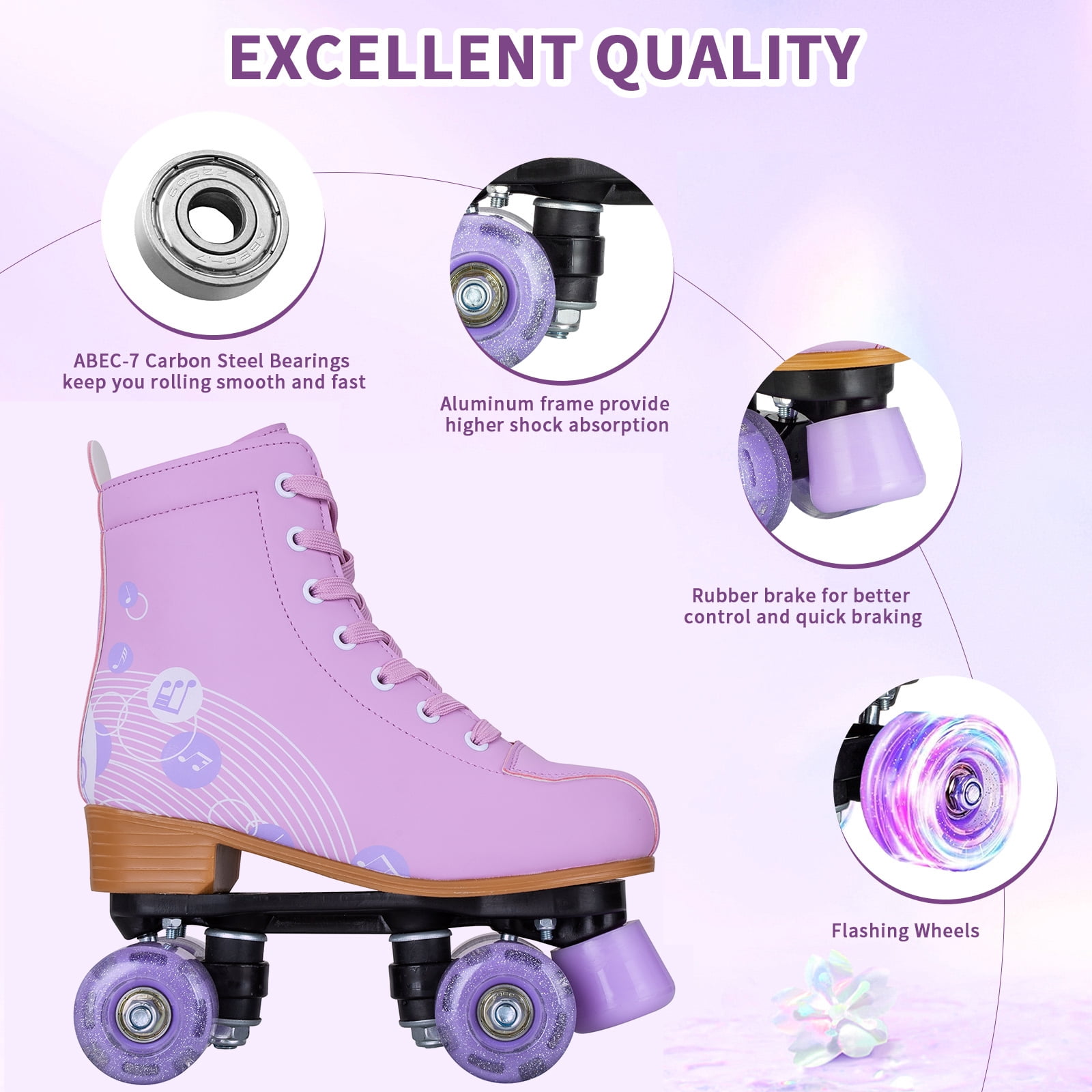 SLLINGLUO Roller Skates for Girls, High-Top Double Row Leather Quad Skates, Purple, Youth 3