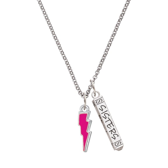 Delight Jewelry Silvertone Hot Pink Lightning Bolt Silvertone Sisters Best Friends Forever Bar Charm Necklace, 23"