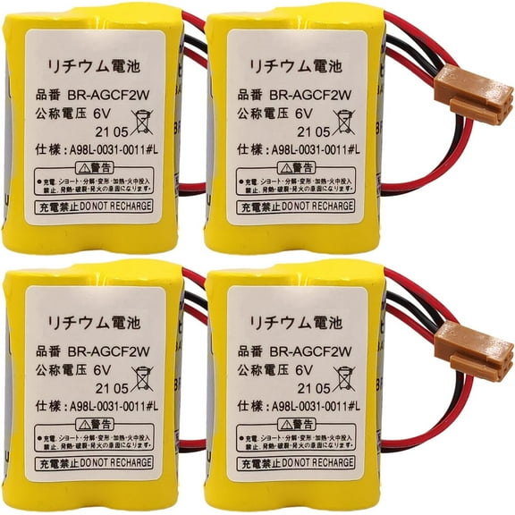 (Pack of 4) 2200mAh BR-AGCF2W 6V A98L-0031-0011 PLC Lithium Battery with Brown Plug for FANUC Backup Power, A98L-0031-0011#L A06B-6093-K001 Battery