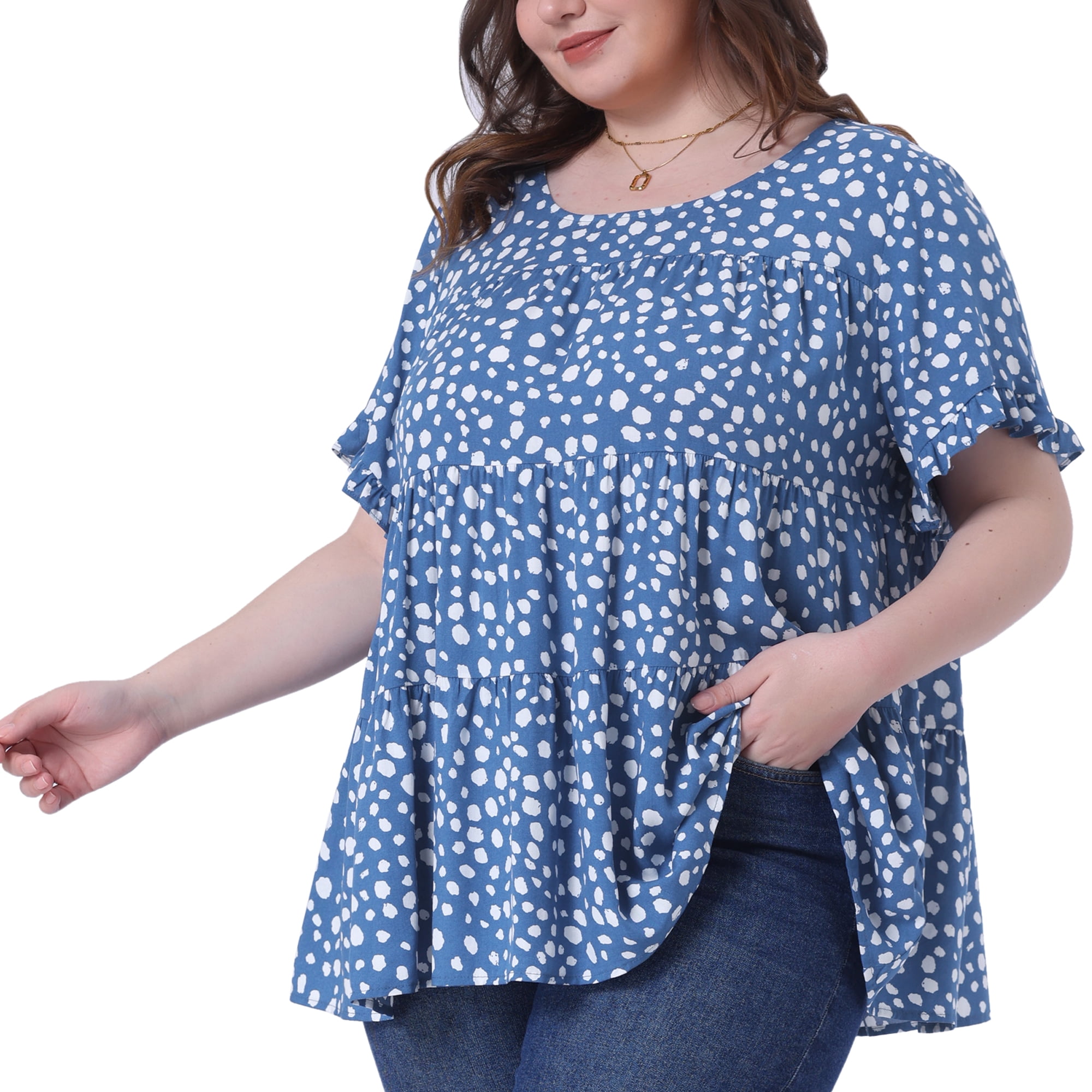 DARING DIVA Women's Plus Polka Dots Ruffle Sleeves Babydoll Tiered Blouse 1X Blue