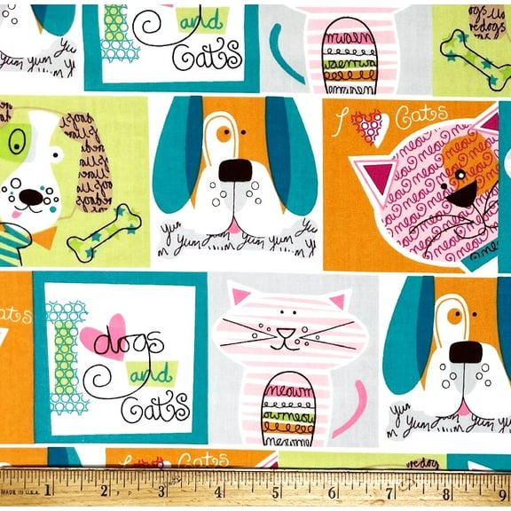 1 Fat Quarter - Colorful Cats & Dogs Block Cotton Fabric - 21" X 18"