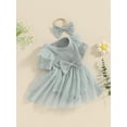 thumbnail image 3 of CIYCuIT Baby Girls Summer Romper Dress Ribbed Short Sleeve Mesh Tulle Patchwork Jumpsuit Newborn Infant Cute Crew Neck A-line Bodysuit with Headband 3M 6M 12M 18M, 3 of 9