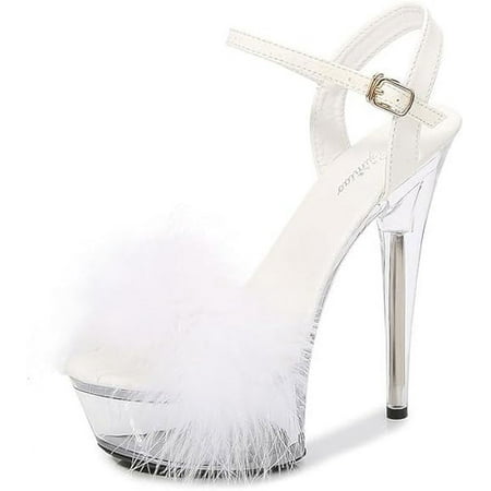 

HOLXI 2024 Open Toe Ankle Strap Fluffy Platform Heel for Women Sandal High- heeled Shoes Women Stiletto Dress Sandals Ankle Strap Clear Platform Sandals
