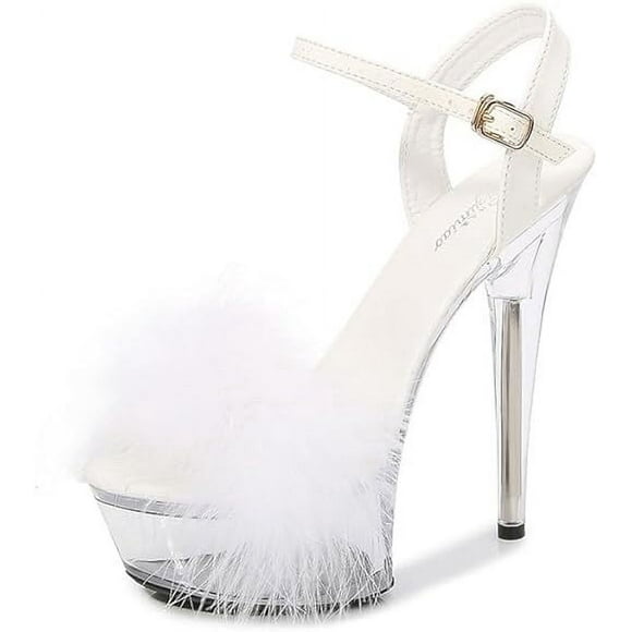 Women's Feather Heels Open Toe Sandal Fluffy Fur High Heel Shoes Ankle Strap Stiletto Pump for Wedding Party Dance Evening Shoes for Women Girls