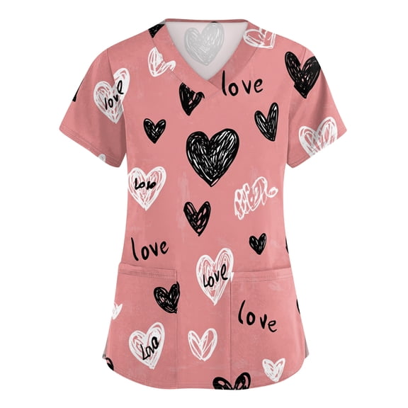 Womens Valentine's Day Scrub Top Cute Heart Print Short Sleeve Vneck Stretch Holiday Scrub Shirt Valentine's Day Caregiver T Shirts