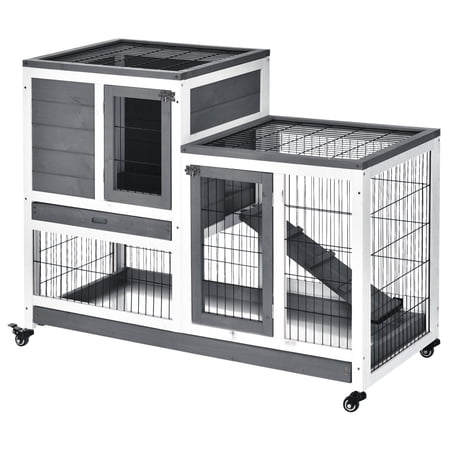 Vivifying 2-tier Wooden Rabbit Hutch with Upper House Area and Lower Play Area with Cage, Great for Bunnies,with Enclosed Run with Wheels, Ramp, Removable Tray Ideal