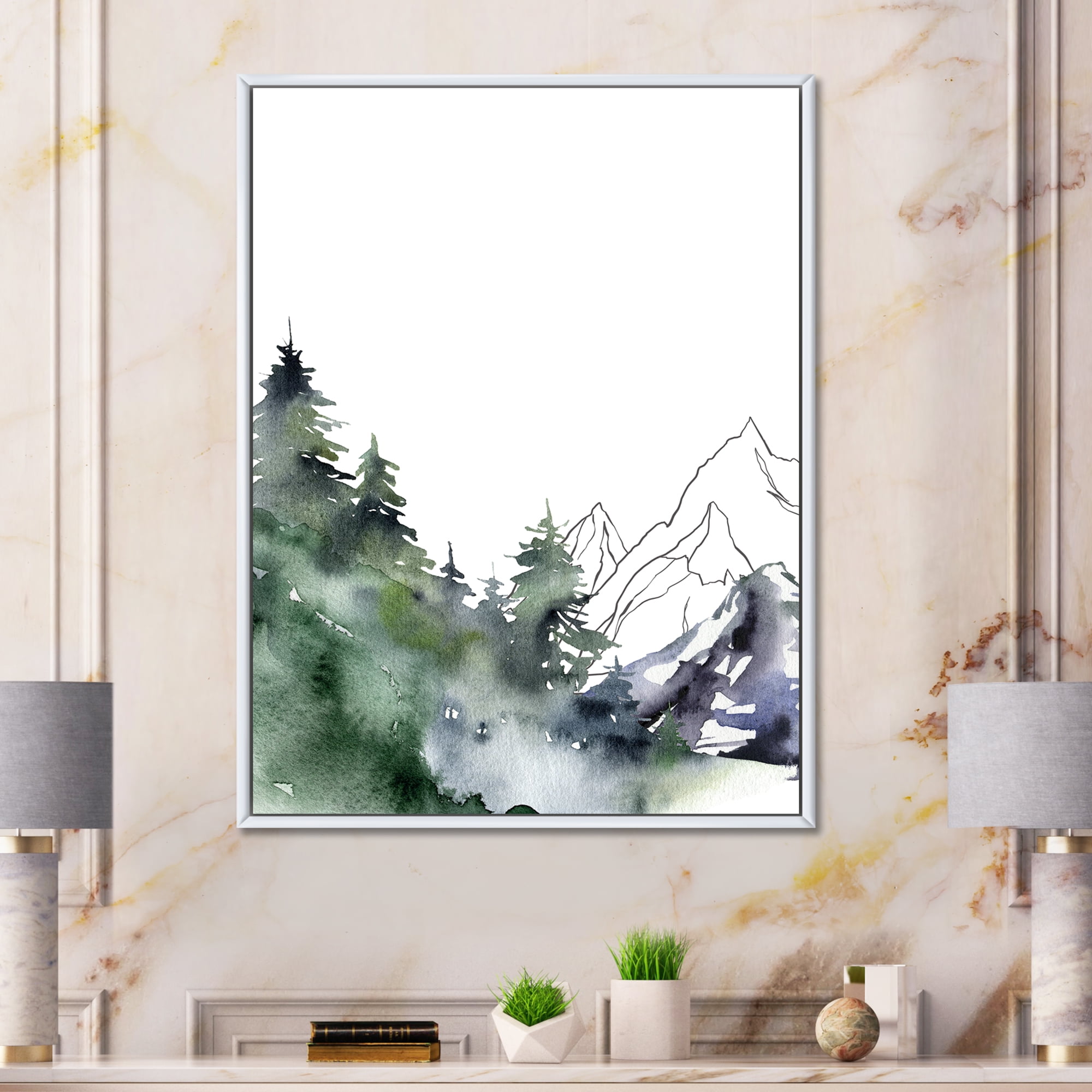 Designart 'Trees With Winter Dark Blue Mountain Landscape III' Modern Framed Canvas Wall Art Print