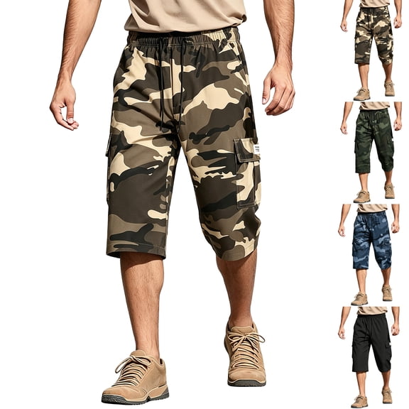 Relaxed Fit Camouflage Cargo Shorts Men's Casual Drawstring Capri Cargo Pants Camo Shorts Multi-Pocket Elastic Waist, M