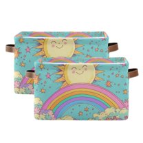 Yayeee 2 Pack Canvas Storage Basket with Handles for Shelves Fabric Bins Closet Organizer, Retro Blue Rainbow