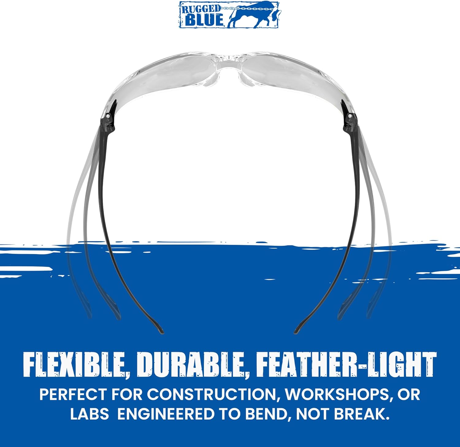 Rugged Blue Diablo Safety Glasses - Black Frame -12 Pack | Clear Lens Protective Eyewear | Lightweight Frameless Design | Scratch-Resistant Lens for Work Construction Lab and Industrial Use