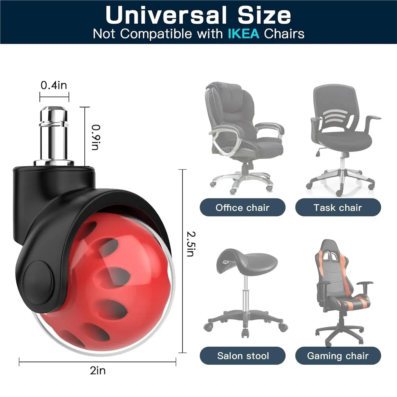 Office Chair Wheel Replacement Set Of 5 Quiet & Smooth Gliding 2 Inch Heavy Duty Chair Casters Desk Chair Wheels Universal Fit ,Easy to Install