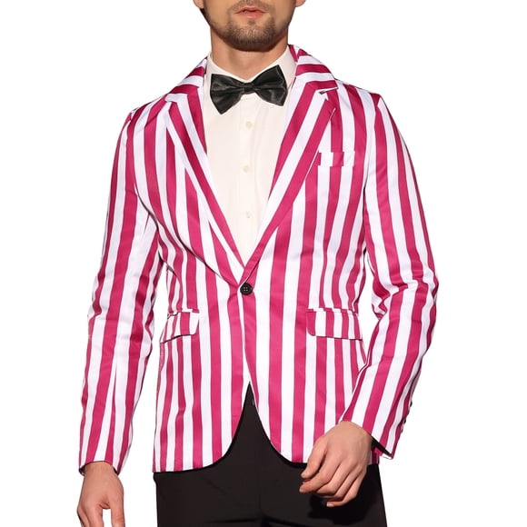 BLAZER CASUAL DE RAYAS VERTICALES AJUSTADO DE UN SOLO BOTÓN PARA HOMBRES INSPIRADO EN CHIC M ROJO Y BLANCO
