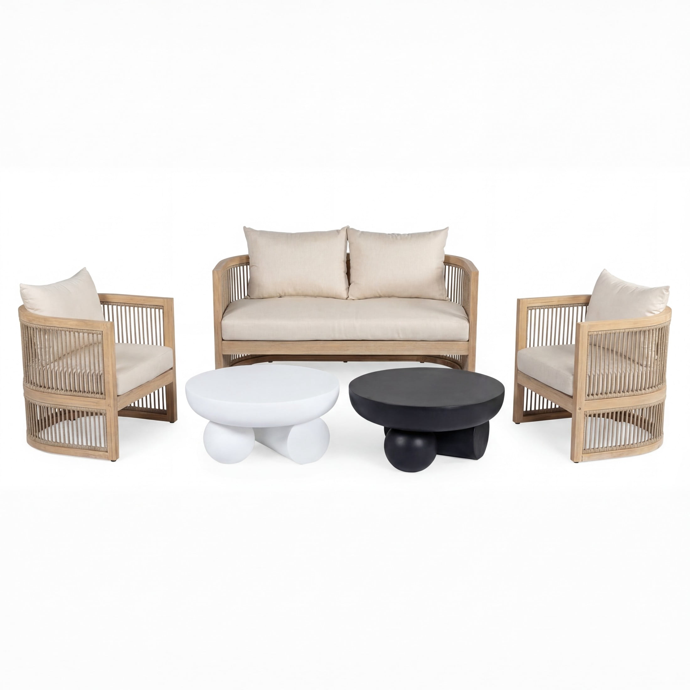 Christopher Knight Home 5-Piece Outdoor Light Teak Conversation Set with Black White Coffee Tables, Beige Cushion