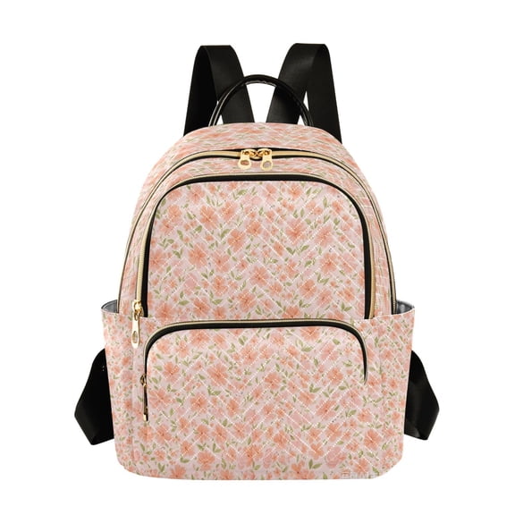 Qxltty Quilted Backpack for Women, Orange Ditsy Print Travel Daypack with Front Pocket for Casual Daily Use